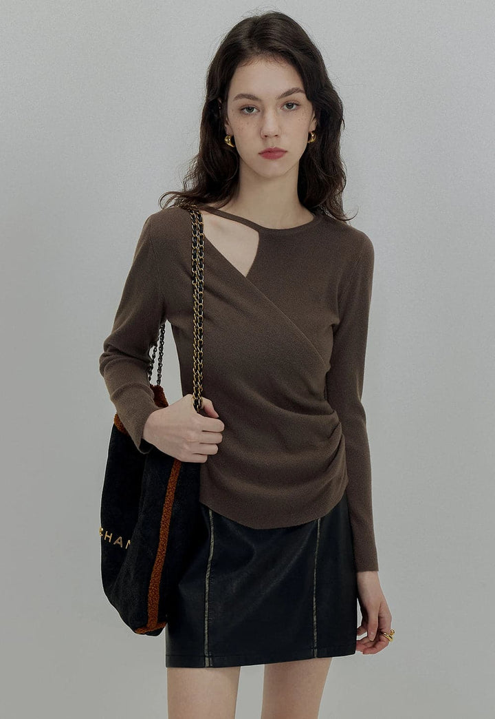 Asymmetrical Neckline Top with Long Sleeves