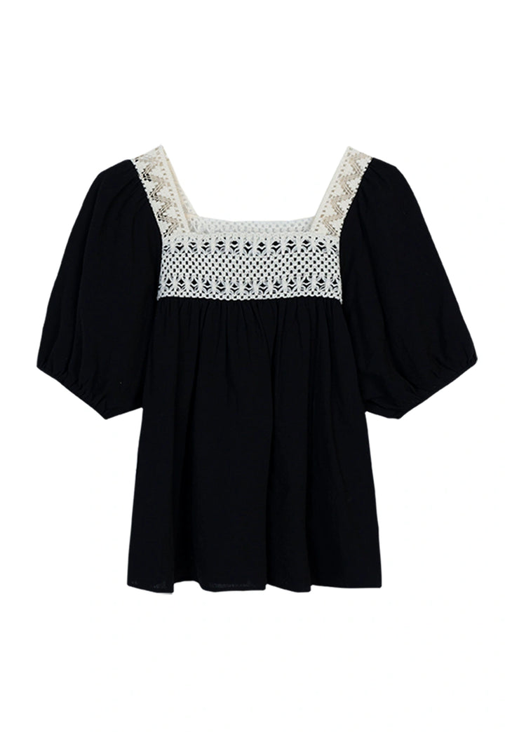 Women's Square Neck Lace Trim Blouse with Puff Sleeves