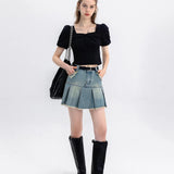 Skirt Mini Denim Ruffle Berlapis Kasual dengan Tali Pinggang