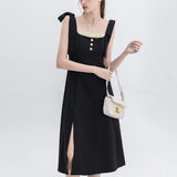 Sophisticated Black Dress with Button Accents and Shoulder Straps