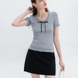 Sweet Ruffled Knit Top with Bow Detail