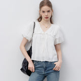Women's Lace Eyelet Tie-Front Short-Sleeve Blouse