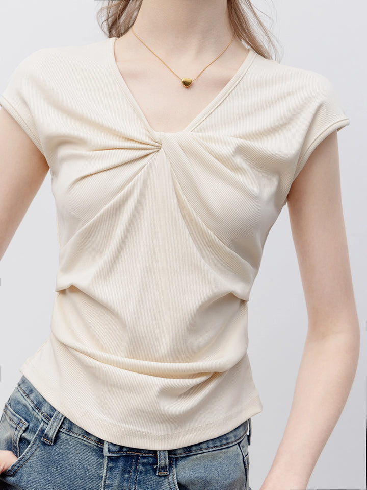 Women's Casual Short Sleeve Round Neck Top with Elegant Front Knot Detail