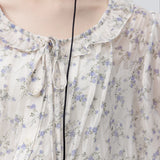 Women's Romantic Ruffled Blouse with Floral Pattern and Front Tie