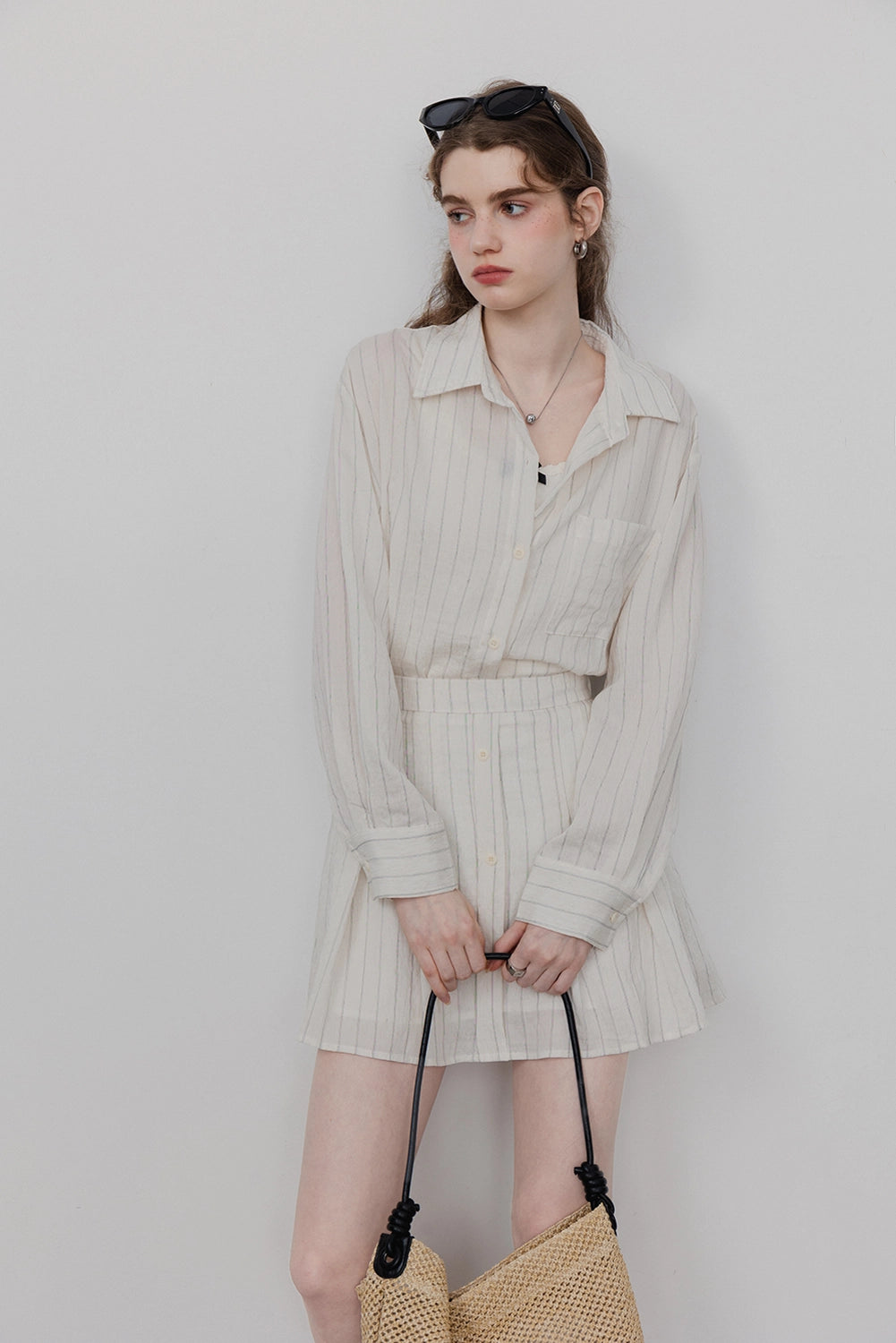 Women's Striped Shirt with Pleated Skirt Set