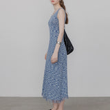 Women's Blue Print Sleeveless Maxi Dress with Fringe Detail