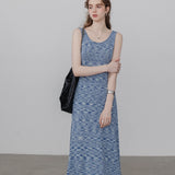 Đầm maxi không tay in họa tiết màu xanh có chi tiết tua rua cho nữ