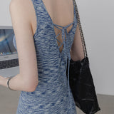 Pakaian Maxi Tanpa Lengan Cetak Biru Wanita dengan Perincian Pinggiran