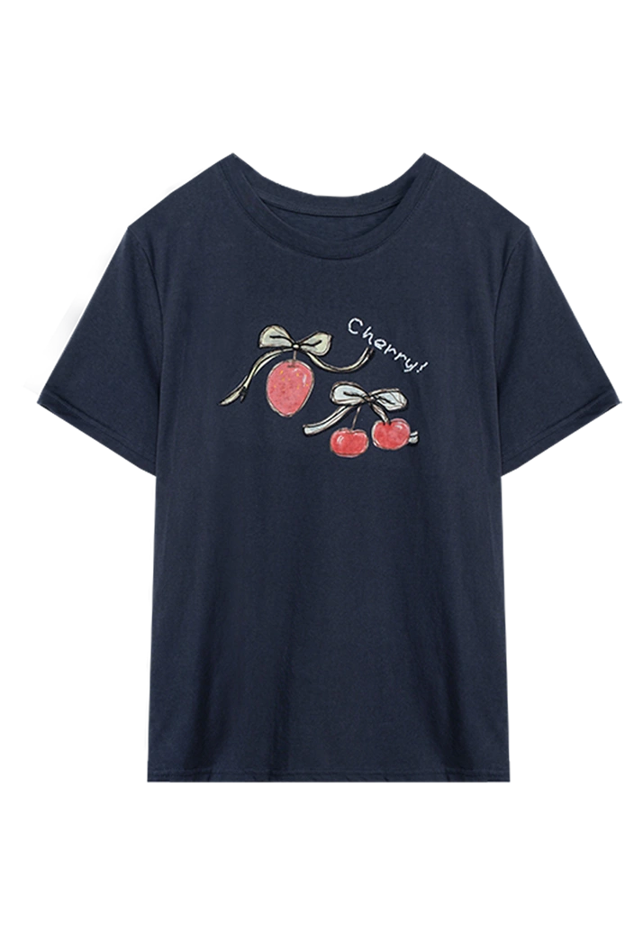 Women's Cherry Print T-Shirt with Bow Detail