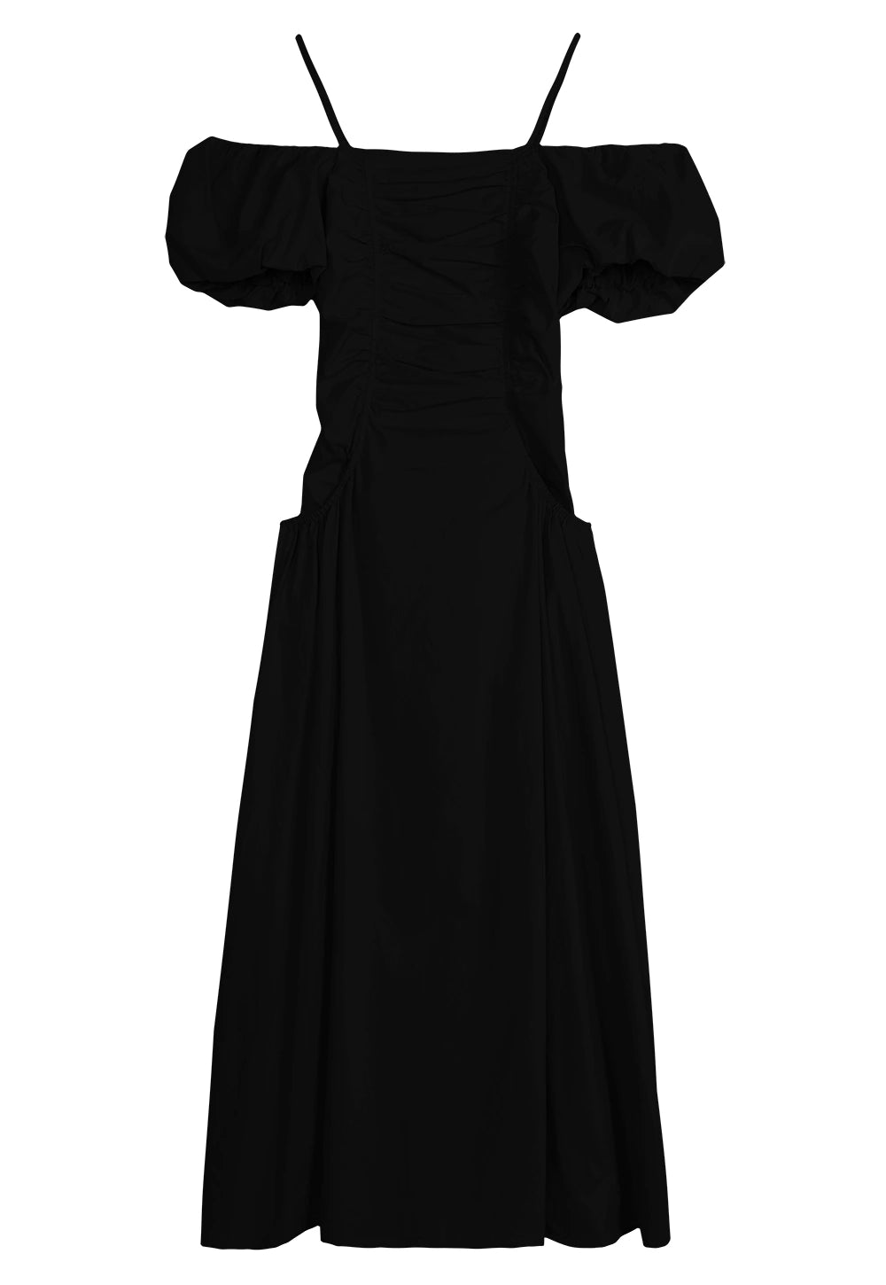 Women's Off-Shoulder Ruched Midi Dress with Puff Sleeves and Spaghetti Straps