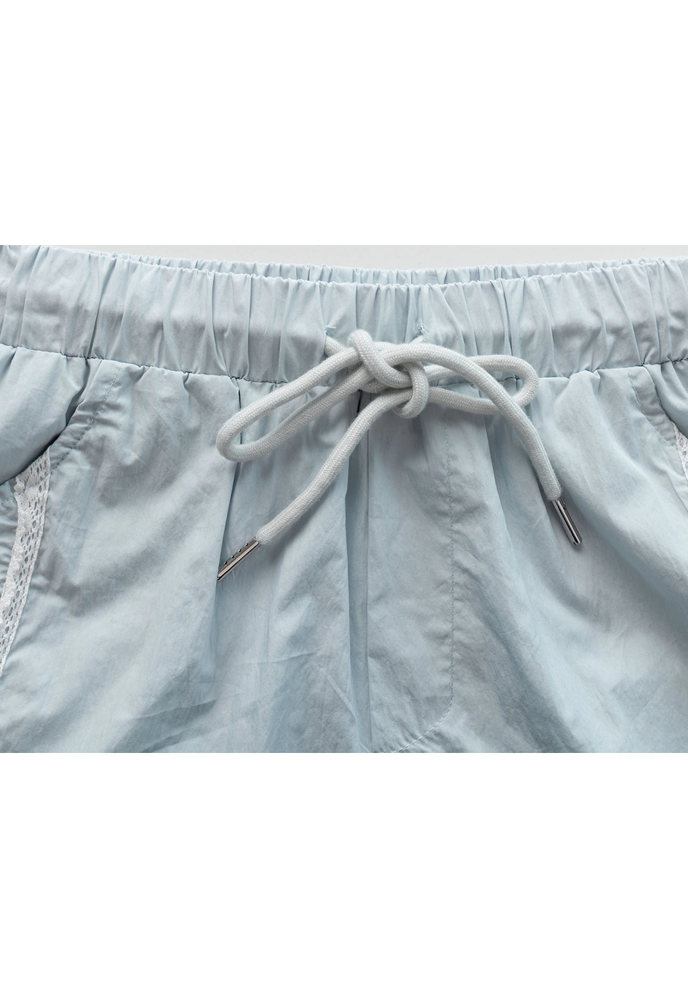 Women's Two-Piece Lace Trim Zip-Up Shirt and Drawstring Shorts Set