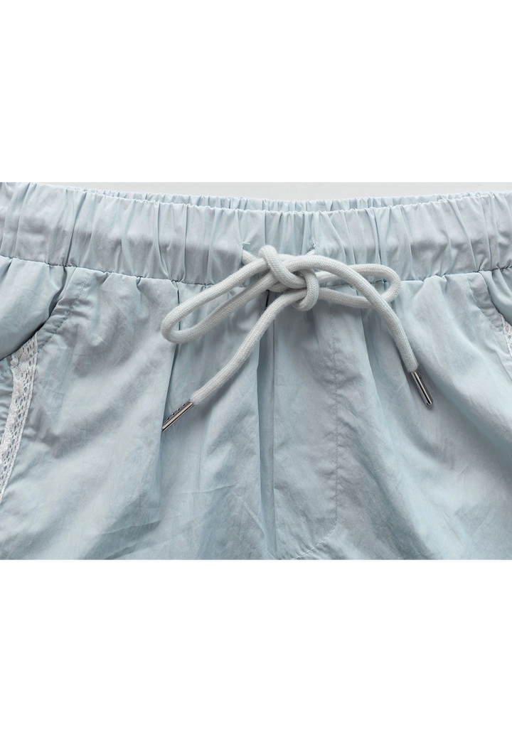Women's Two-Piece Lace Trim Zip-Up Shirt and Drawstring Shorts Set
