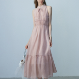 Light Pink Halter Neck Maxi Dress with Tiered Skirt