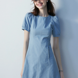Women's Elegant Blue A-Line Dress with Puffed Sleeves