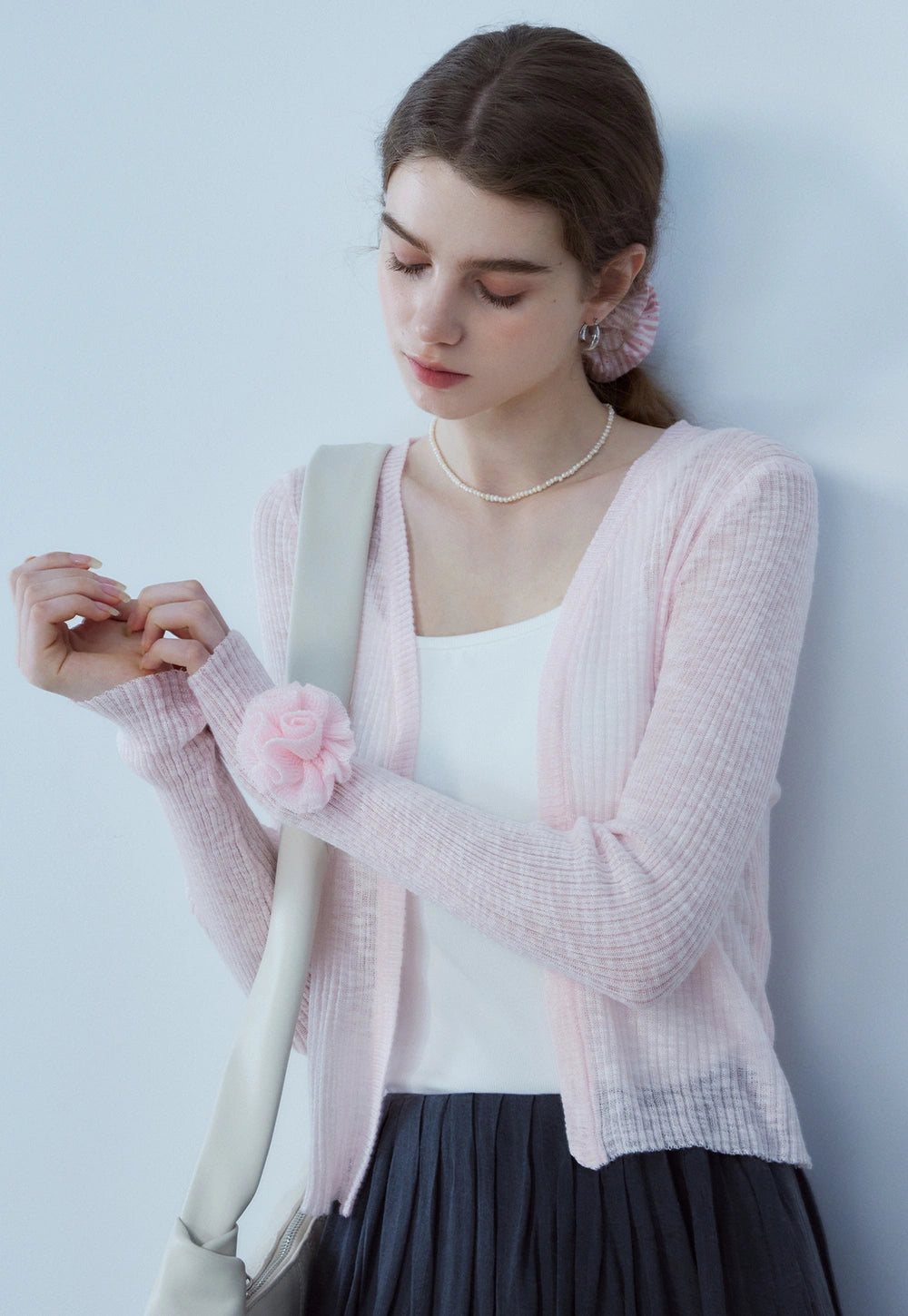 Women's V-Neck Knit Cardigan with Flower Detail