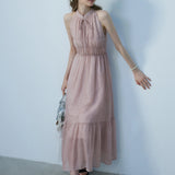 Light Pink Halter Neck Maxi Dress with Tiered Skirt