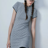 Women's Grey Polka Dot Knee-Length Dress
