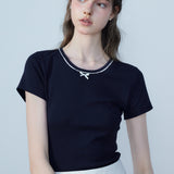 T-Shirt with Lace Collar and Bow Detail