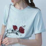 Women's T-Shirt with Red Rose Print and Elegant Script - Casual Cotton Tee