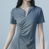 Women's Grey Wrap Dress - V-Neck, Short Sleeve, Comfortable Stretch Fabric