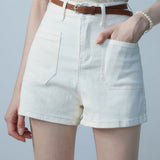 Classic High-Waisted Denim Shorts with Brown Leather Belt