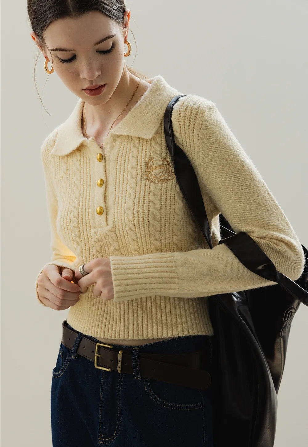 Women's Collared Cable Knit Cardigan with Button Detail