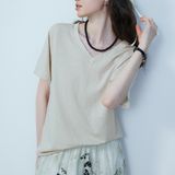 Women's Casual V-Neck T-Shirt in Soft Beige - Comfort Fit with Short Sleeves