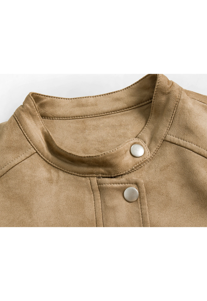 Women's Brown Suede Jacket with Button Closure and Patch Pockets