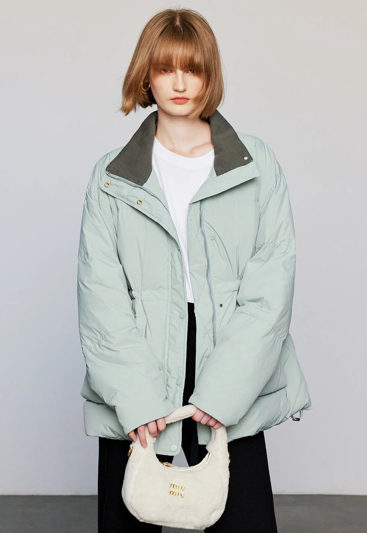 Women's Puffer Jacket with High Collar and Front Snap Pockets