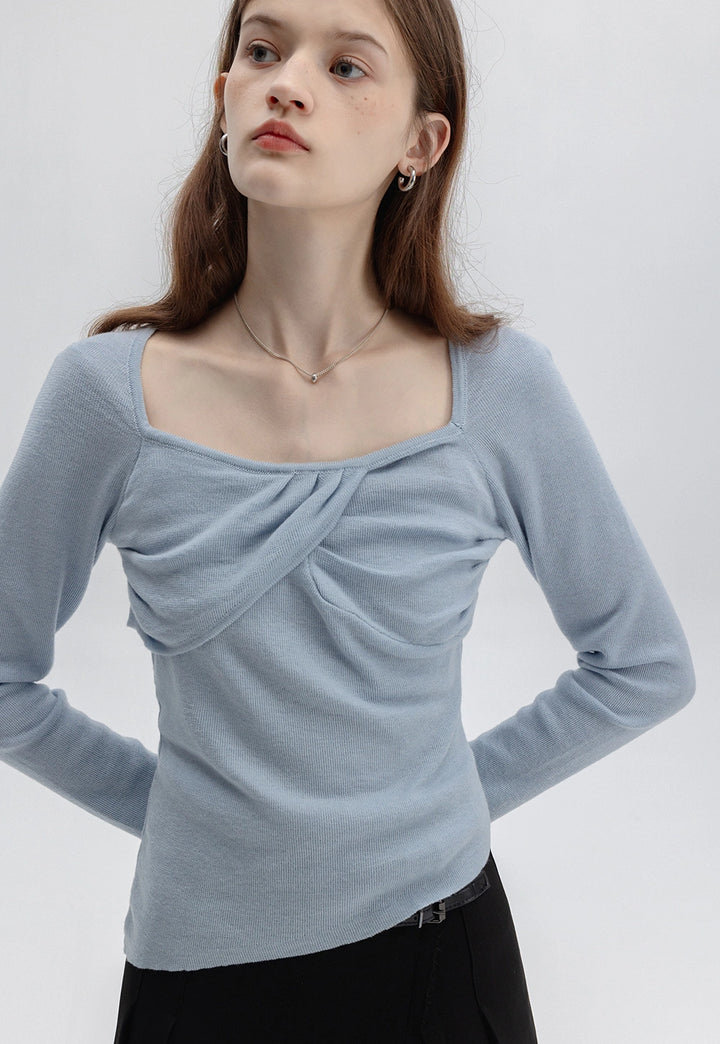Women's Long Sleeve Square Neck Knit Top with Twist Front Detail