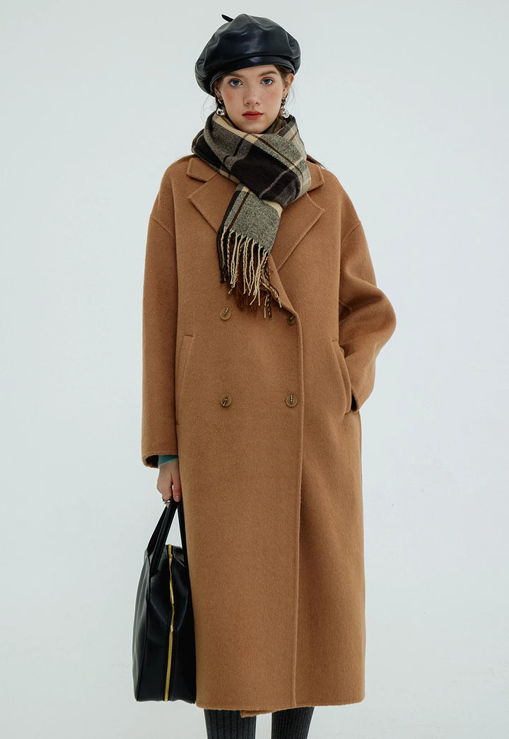 Women's Double-Breasted Wool Blend Overcoat with Notched Lapels