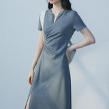 Women's Grey Wrap Dress - V-Neck, Short Sleeve, Comfortable Stretch Fabric