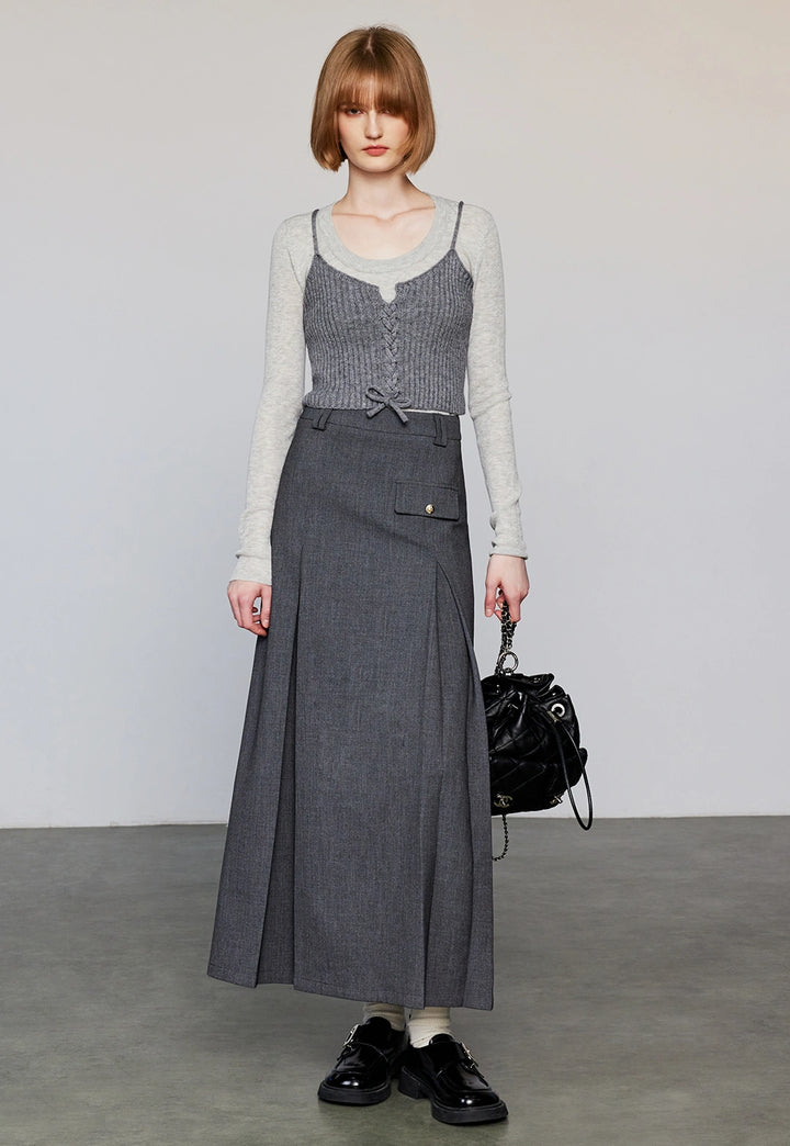 Sophisticated Charcoal Grey A-line Maxi Skirt with Button Detail
