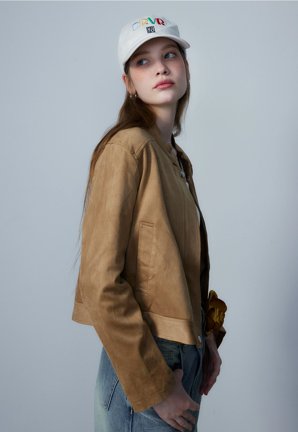 Women's Brown Suede Jacket with Button Closure and Patch Pockets