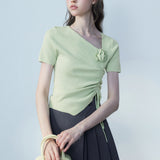 tylish Short Sleeve Top with Asymmetric Neckline and Ruched Detai