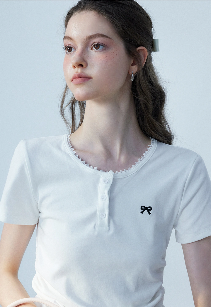 Women's T-Shirt with Delicate Black Bow Embroidery - Soft Cotton, Casual Fit