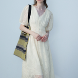 Women's Ivory Lace Dress with V-Neck - Ideal for Special Events
