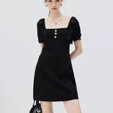 Chic Puff Sleeve Buttoned Square Neck Dress
