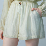 Women's Two-Piece Set - Long Sleeve Blouse with Lace-Up Detail and Shorts
