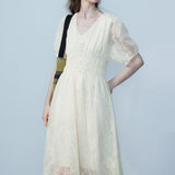Women's Ivory Lace Dress with V-Neck - Ideal for Special Events