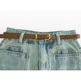Classic High-Waisted Denim Skirt with Frayed Hem and Leather Belt