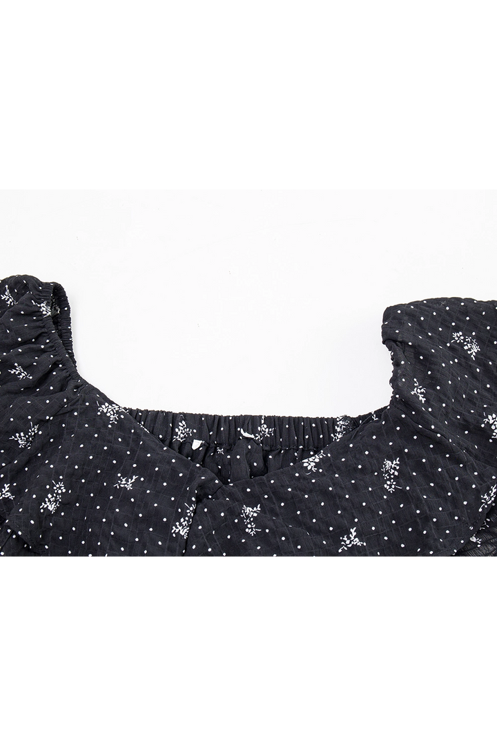 Women's Black Floral Print Ruffle Short Sleeve Top