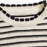 Black and White Striped Mock Neck Sweater with Contrast Sleeve Detail