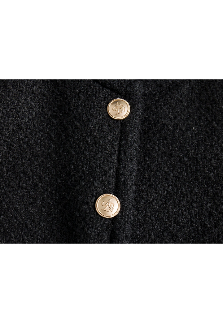 Women's Black Tweed Jacket with Round Neck and Gold Buttons
