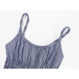Women's Blue Striped Pleated Spaghetti Strap Midi Dress