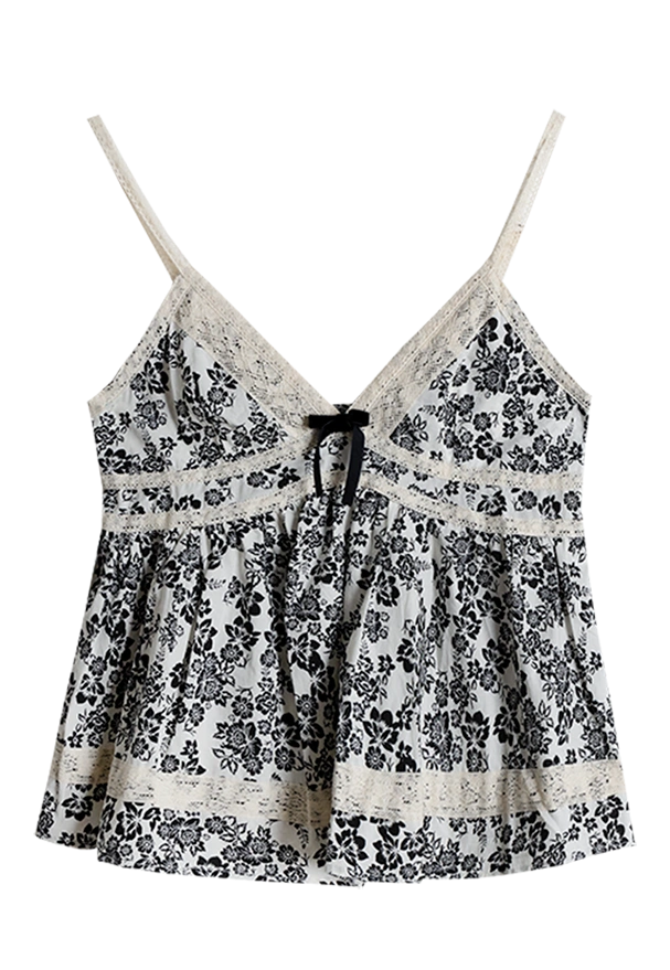 Floral Lace Trim Cami with Bow