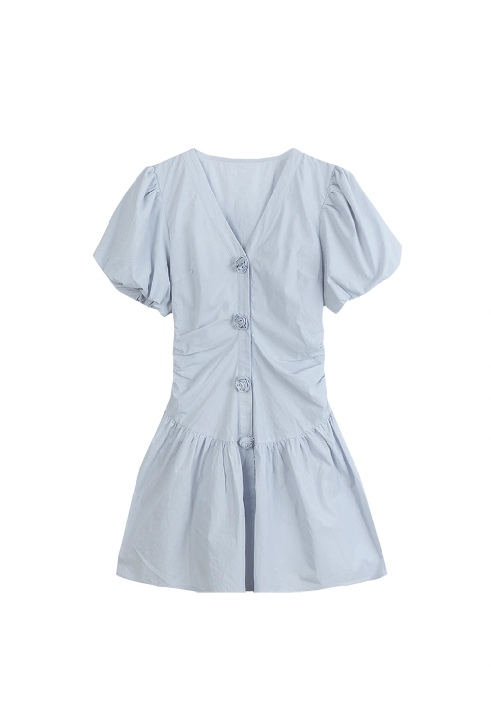 Women's Light Blue Cinched Waist Dress with Decorative Buttons - Short Sleeve, V-Neck