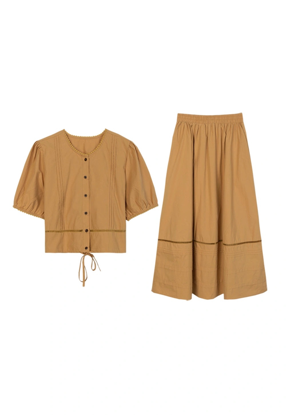 Baju Leher Bulat Lengan Pendek Wanita + Set Skirt Midi - Ensembel Keanggunan Kasual