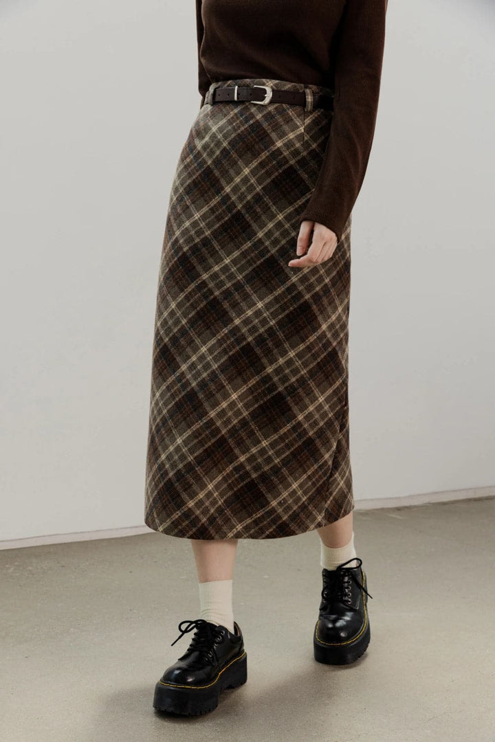 Classic Plaid Midi Skirt with Belted Waist