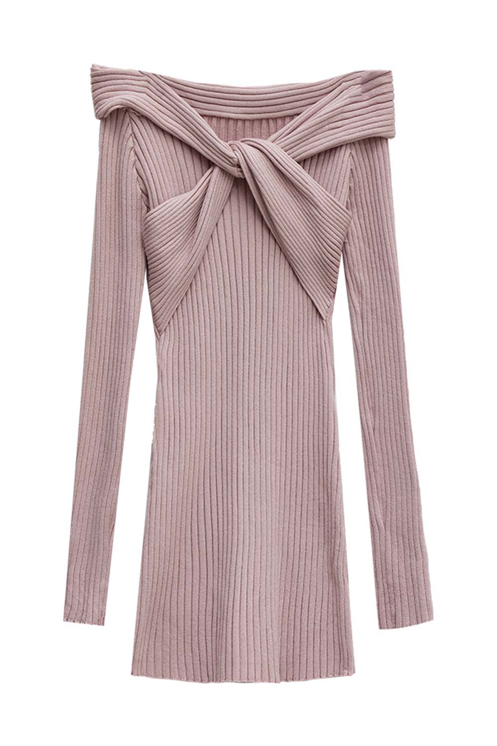 Women's Off-Shoulder Ribbed Knit Sweater Dress with Front Knot Detail